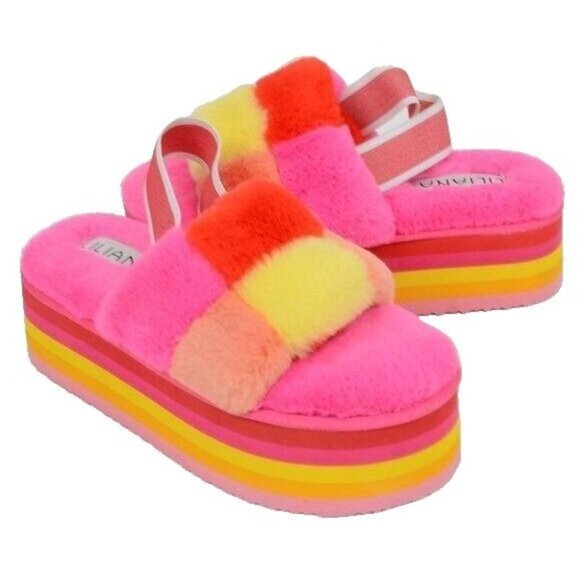 Liliana Christy-1 Faux Fur Color Patch Platform Sandals Women's Size 8 - Picture 1 of 10